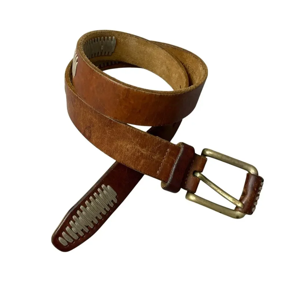 Cole Haan Leather Belt Mens 32 Brown Brass Buckle Stitched Classic Casual Italy